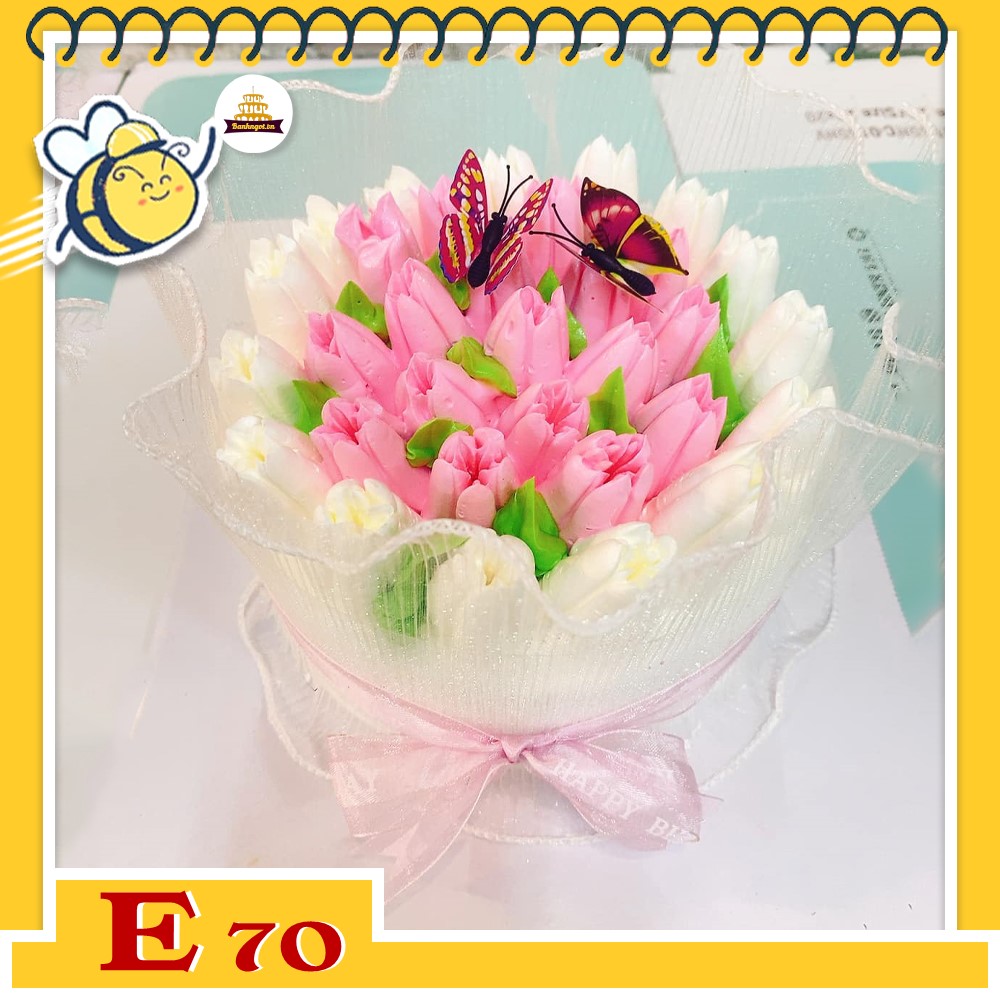 Bánh kem E70 hoa tulip hồng trắng bướm đậu siêu xinh bán chạy