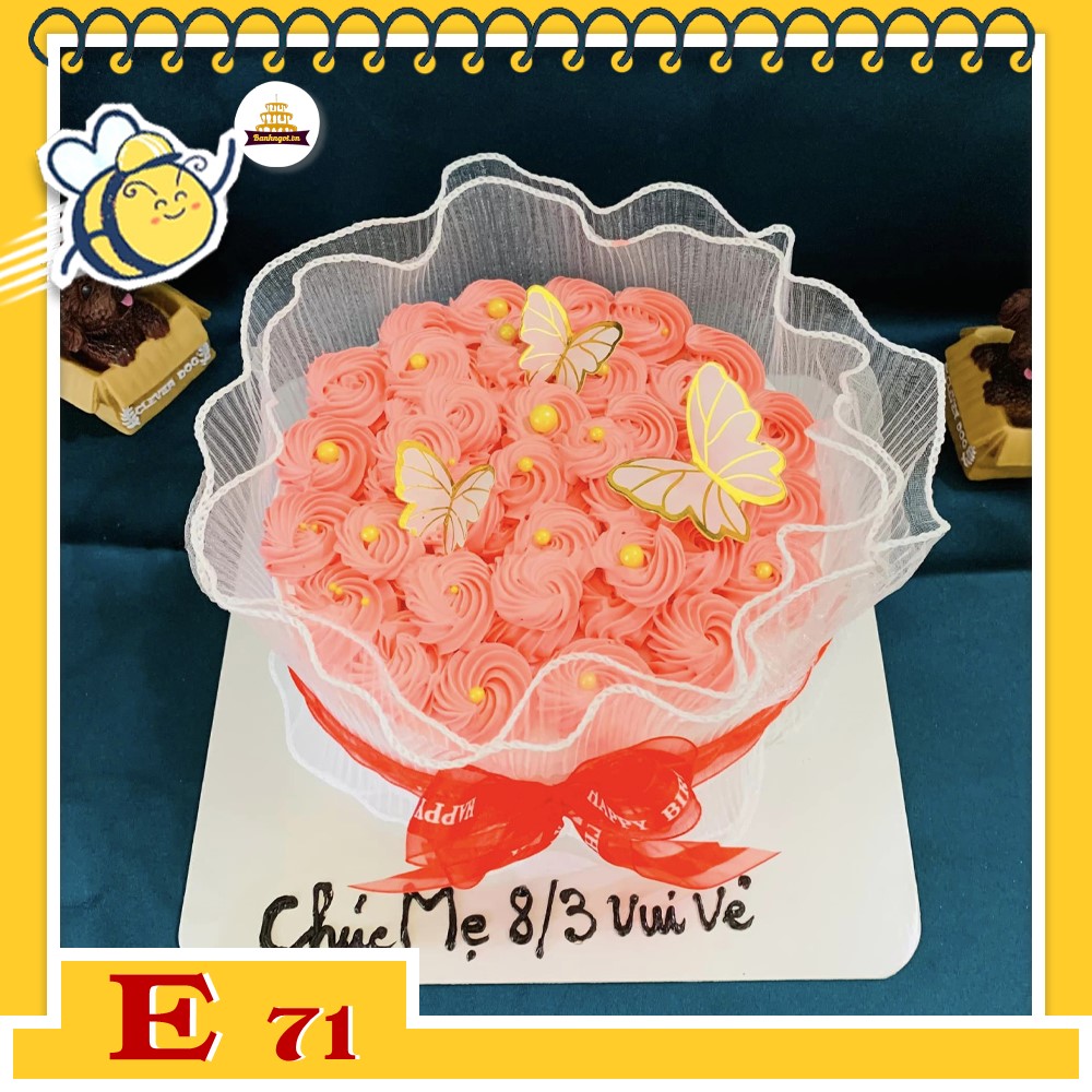 Bánh kem E71 bó hoa hồng màu đỏ nhạt có gói voan phụ kiện bươm bướm