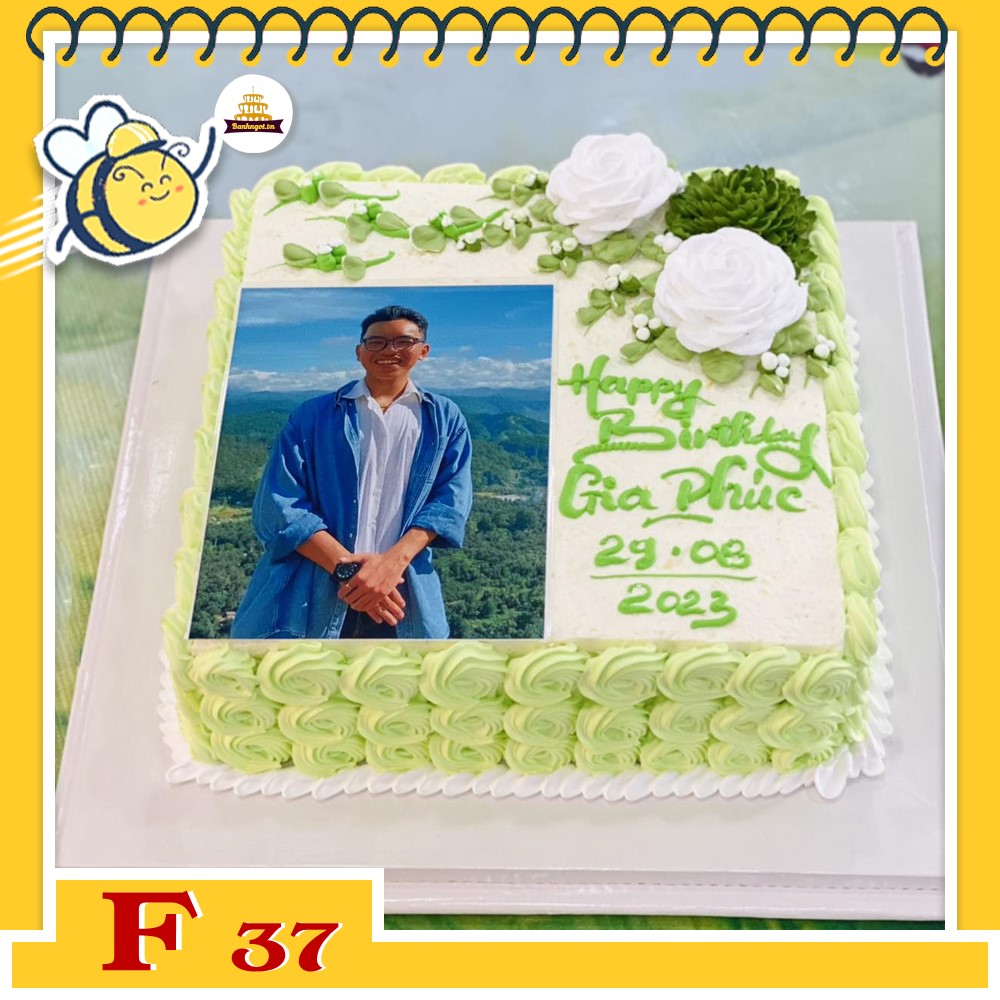 Bánh kem F37 khuôn vuông in ảnh màu xanh nhạt đẹp ấn tượng