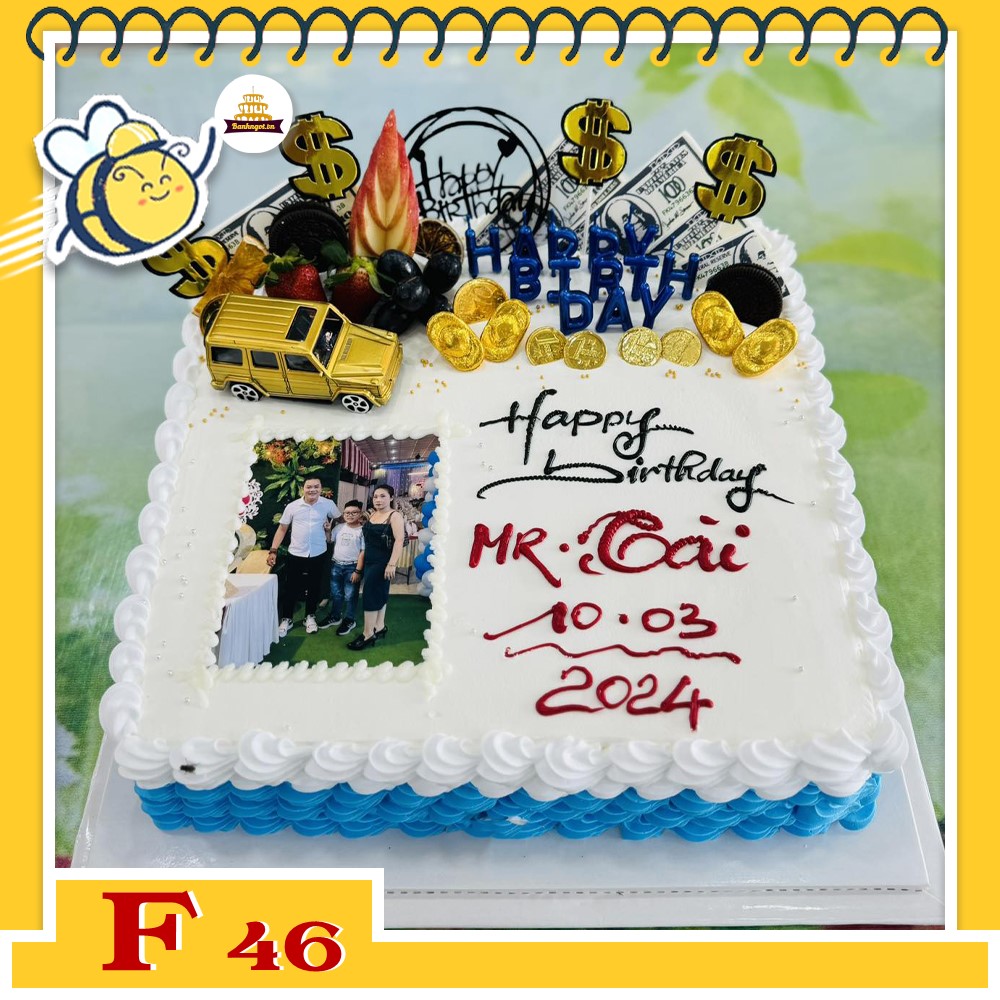 Bánh kem F46 khuôn vuông trang trí nhiều phụ kiện và in ảnh hoành tráng