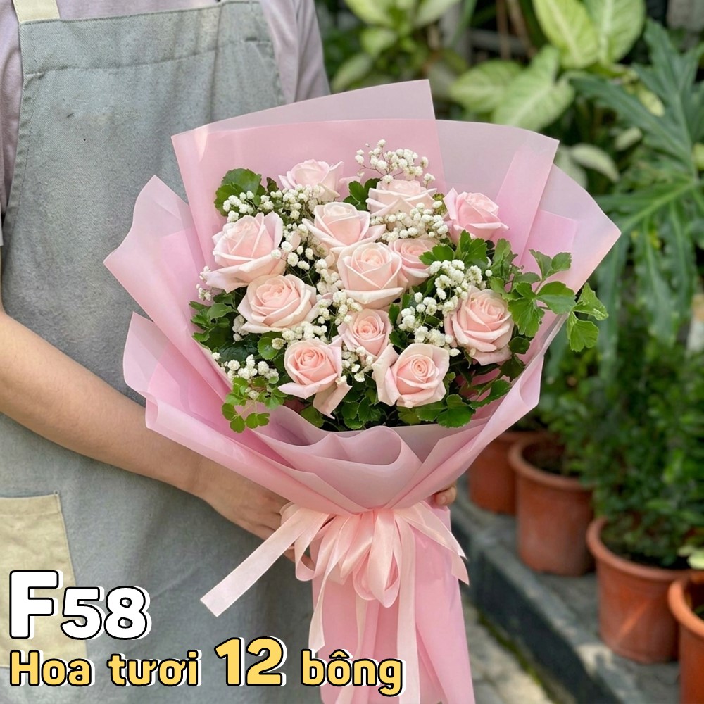 Bó hoa tươi F58 12 bông hồng kem pastel