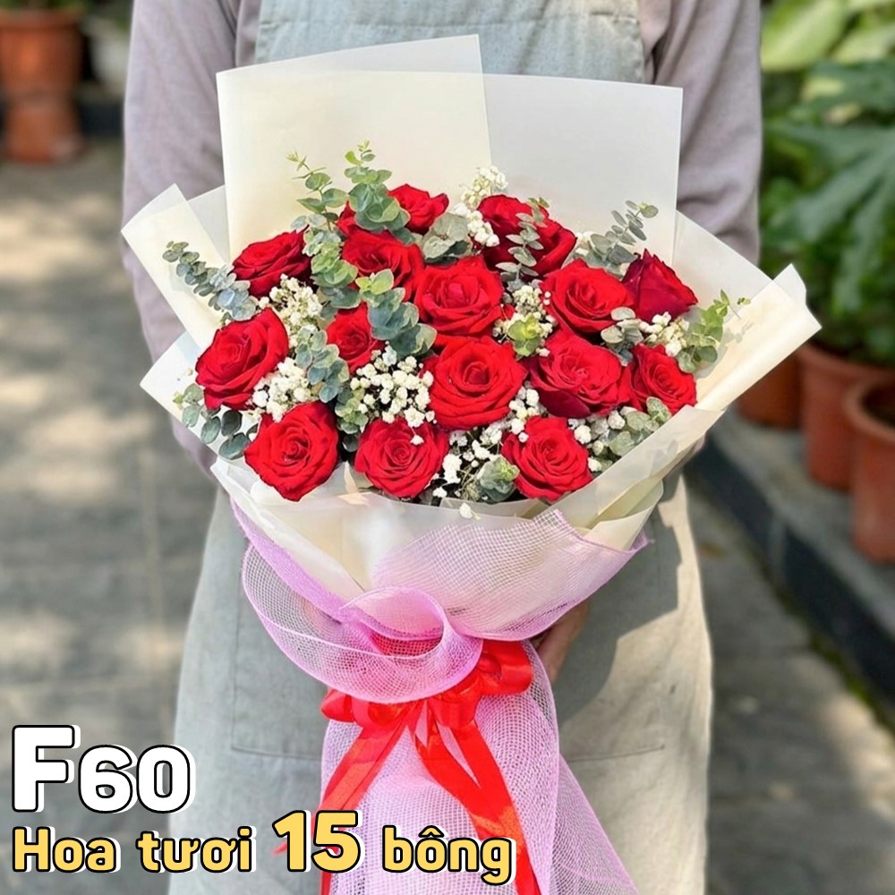 Bó hoa tươi F60 15 bông hồng đỏ