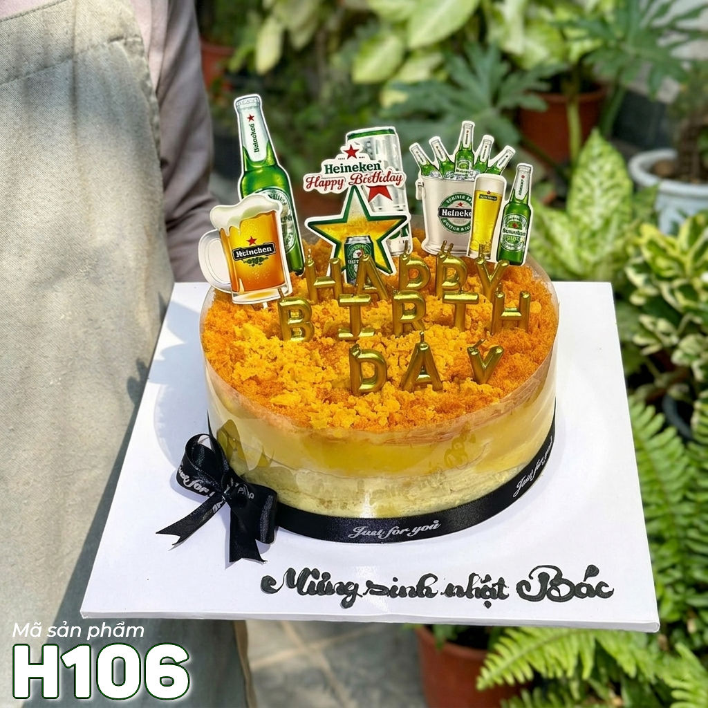 Bánh sinh nhật bông lan trứng muối H106 chai bia mừng sinh nhật anh, chồng, sếp