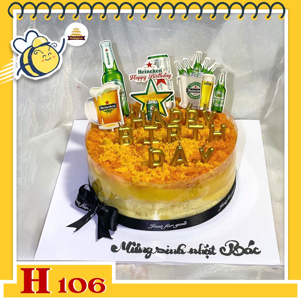 Bánh sinh nhật bông lan trứng muối H106 chai bia mừng sinh nhật anh, chồng, sếp