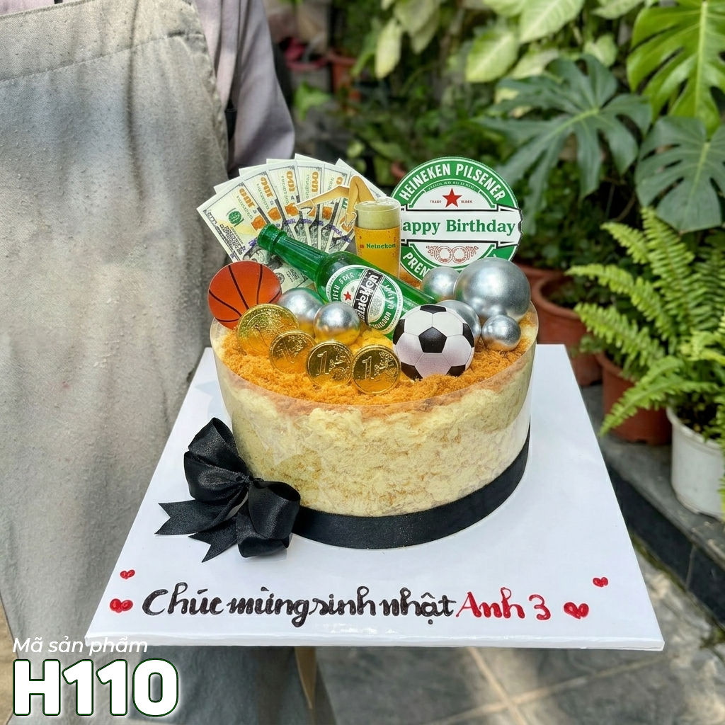 Bánh sinh nhật bông lan trứng muối H110 chai bia tiền đô bóng đá tặng nam giới