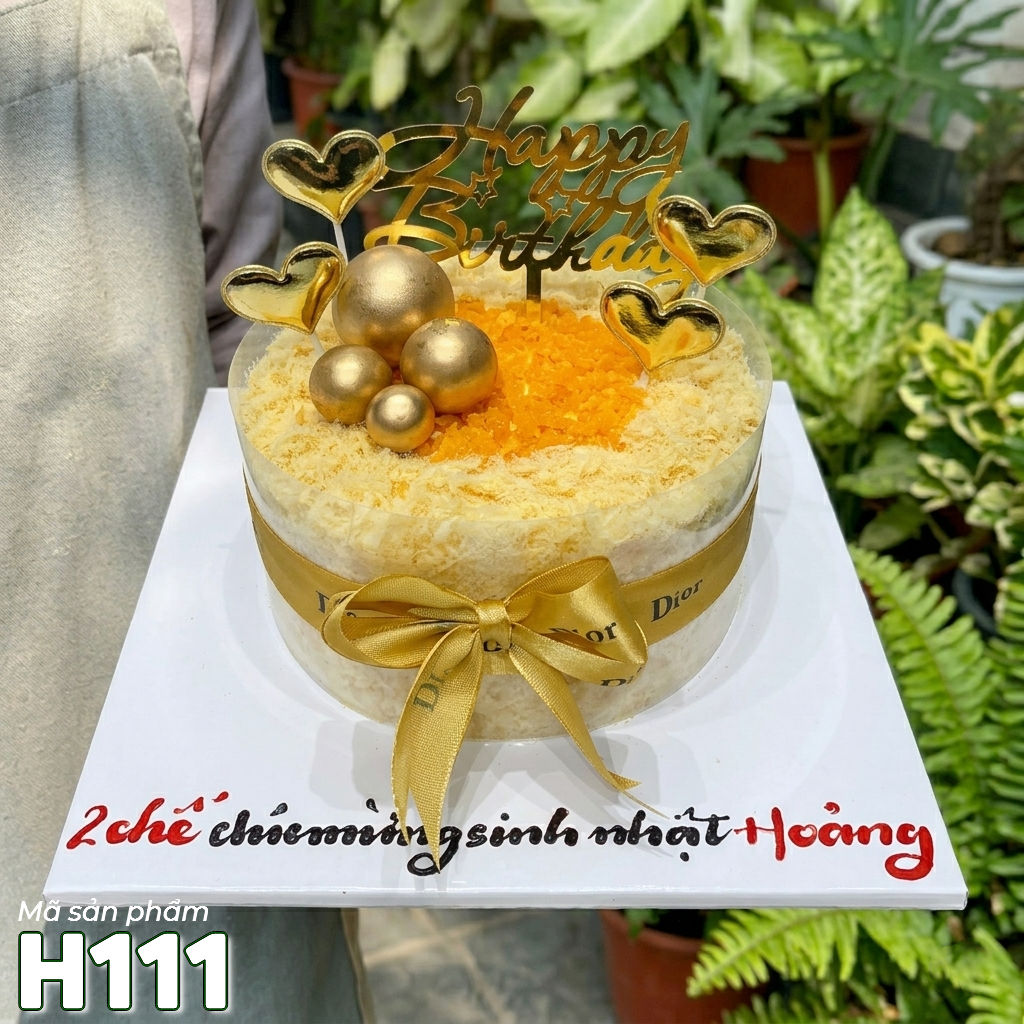 Bánh sinh nhật bông lan trứng muối H111 sang trọng trang trí tone vàng đồng