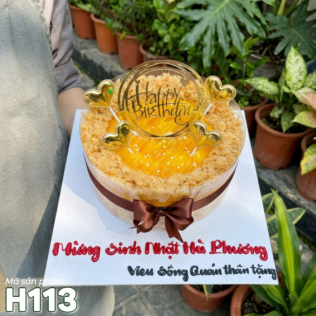 Bánh sinh nhật bông lan trứng muối H113 đơn giản, trái tim và chữ nổi sang trọng