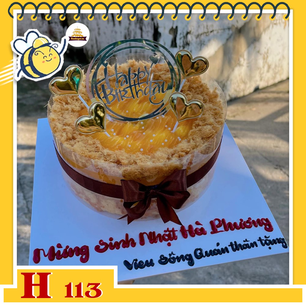 Bánh sinh nhật bông lan trứng muối H113 đơn giản, trái tim và chữ nổi sang trọng