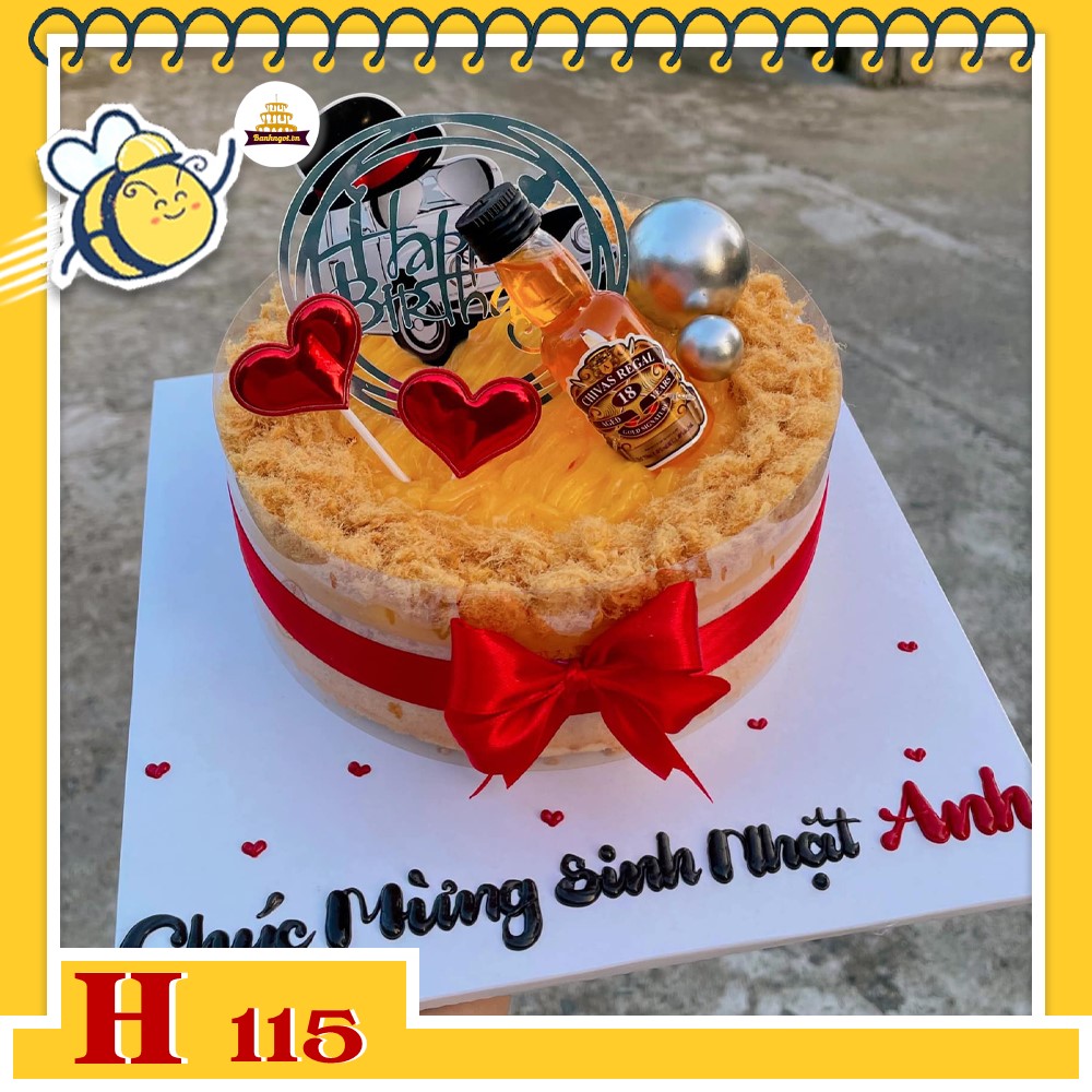 Bánh sinh nhật bông lan trứng muối H115 chai rượu mini và phụ kiện trái tim