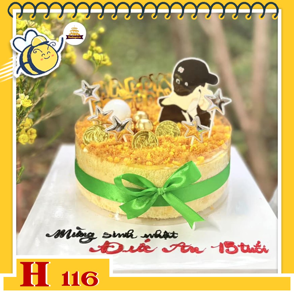 Bánh sinh nhật bông lan trứng muối H116 trang trí chàng trai và đồng tiền vàng