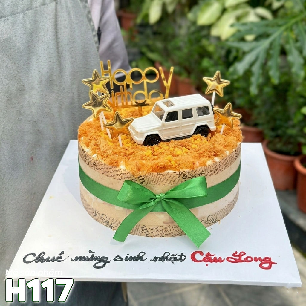 Bánh sinh nhật bông lan trứng muối H117 xe ô tô trắng, sao vàng và nơ xanh