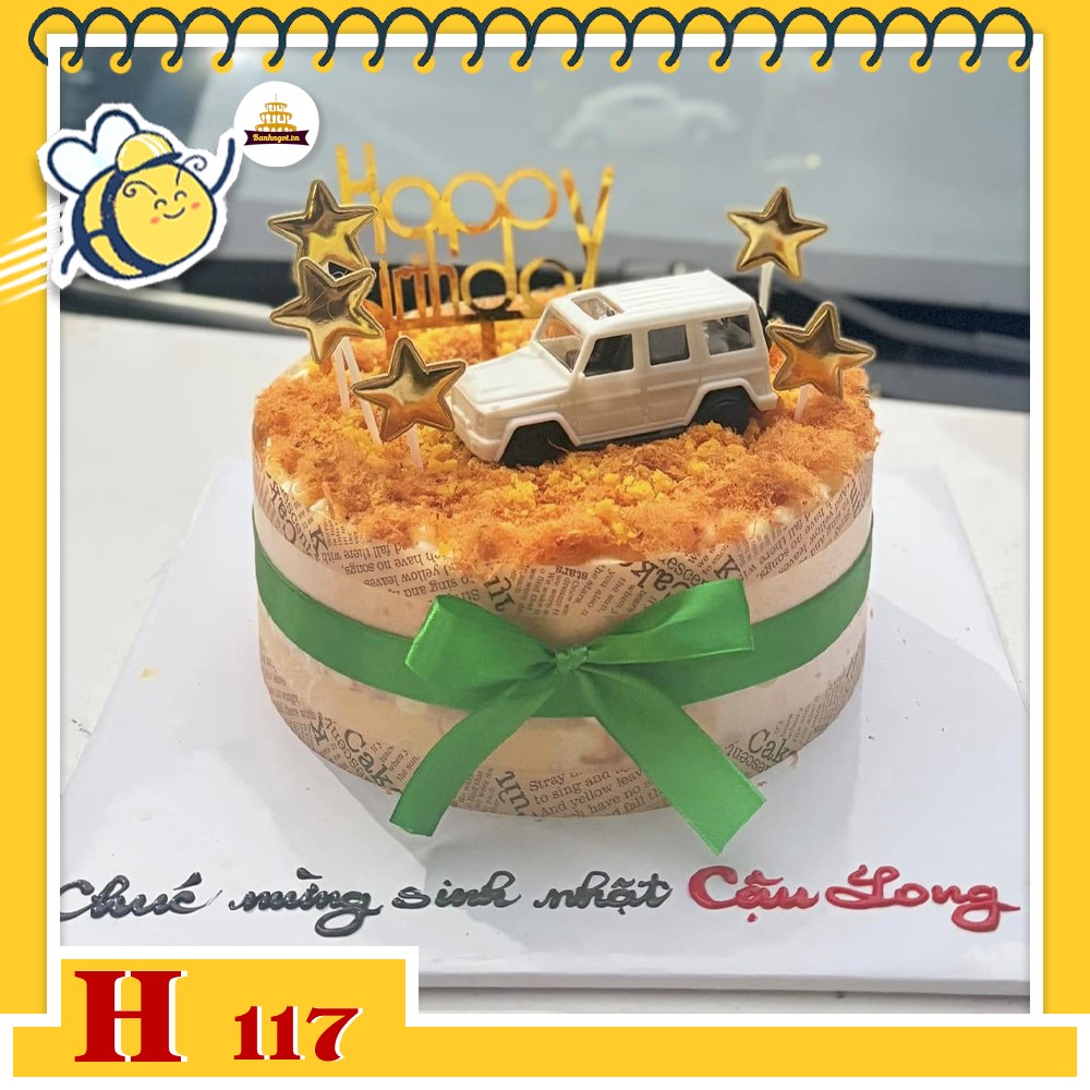 Bánh sinh nhật bông lan trứng muối H117 xe ô tô trắng, sao vàng và nơ xanh