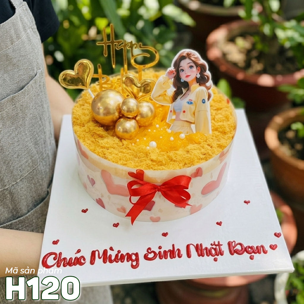 Bánh sinh nhật bông lan trứng muối H120 trang trí cô gái, bi vàng và trái tim