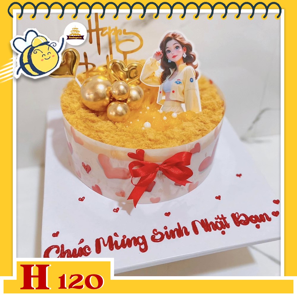 Bánh sinh nhật bông lan trứng muối H120 trang trí cô gái, bi vàng và trái tim