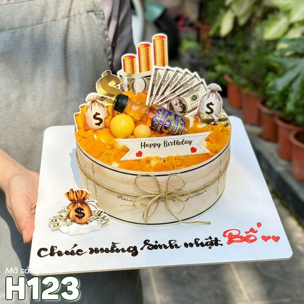 Bánh sinh nhật bông lan trứng muối H123 tặng ba, sếp trang trí chai rượu, tiền đô