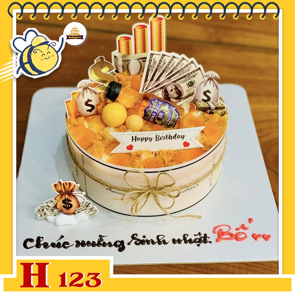 Bánh sinh nhật bông lan trứng muối H123 tặng ba, sếp trang trí chai rượu, tiền đô