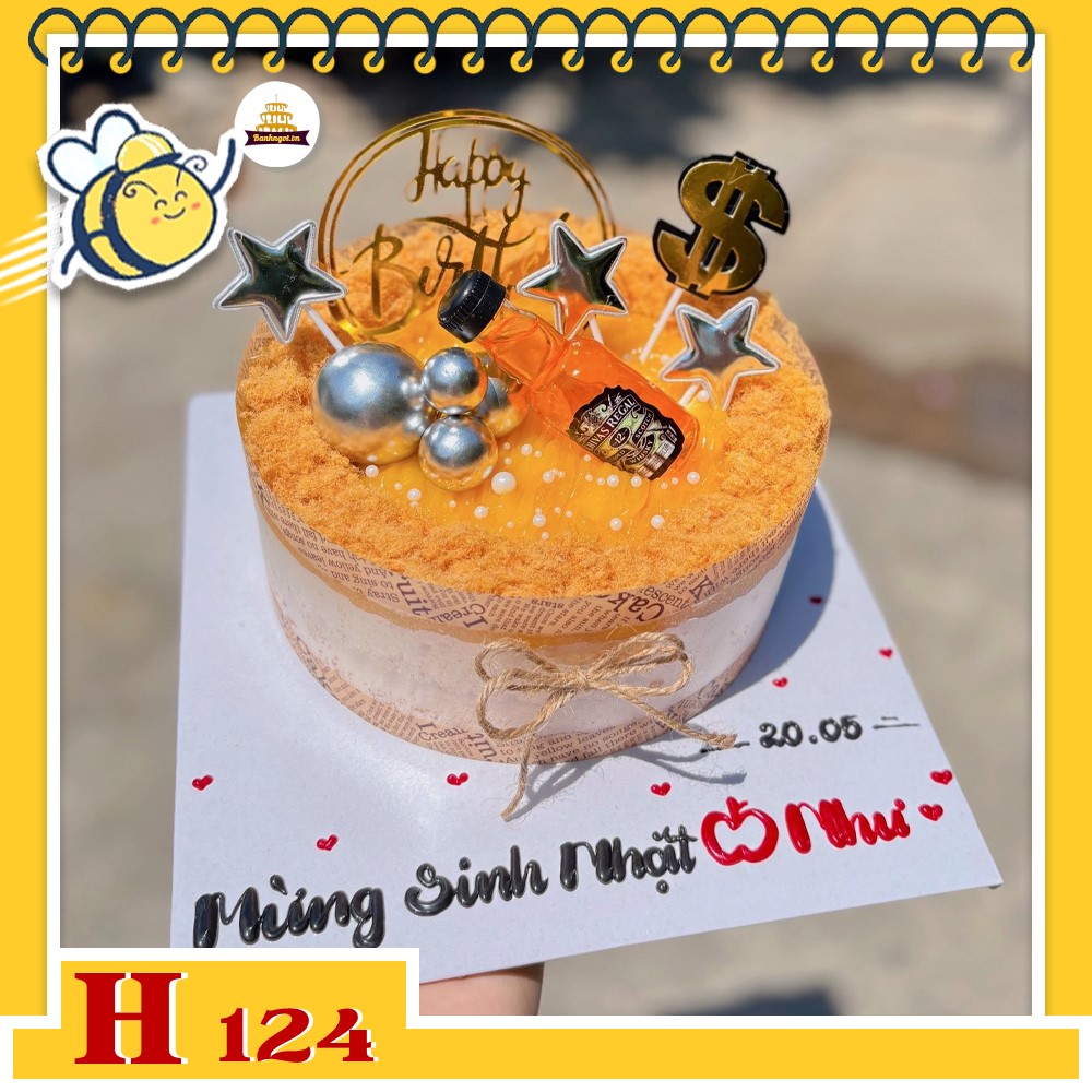 Bánh sinh nhật bông lan trứng muối H124 chai rượu mini, sao bạc và túi tiền