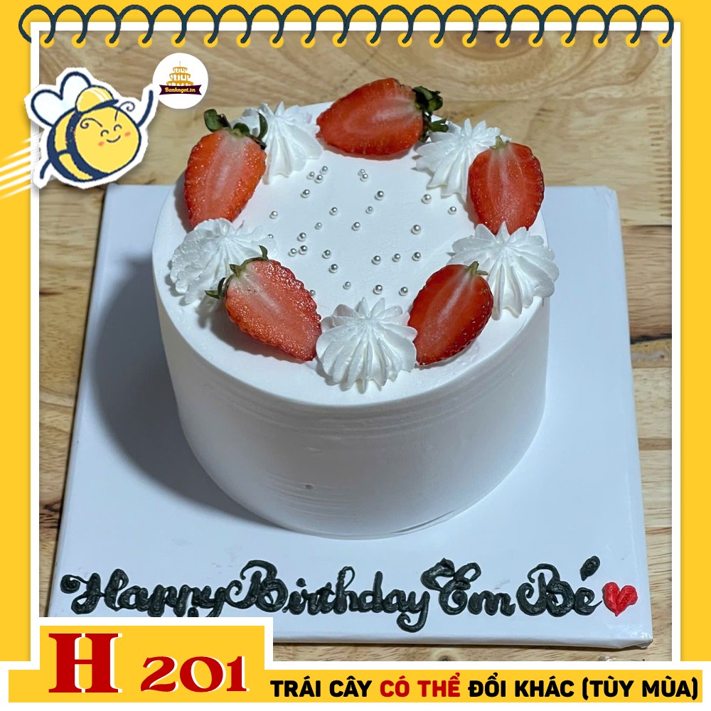 Bánh kem sinh nhật H201 đơn giản thanh lịch viền kem tươi và dâu tây đỏ mọng