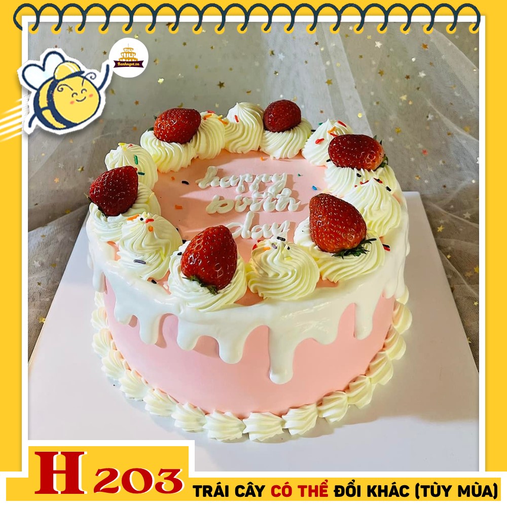 Bánh kem sinh nhật H203 kem chảy hồng pastel dâu tây tươi mọng siêu yêu