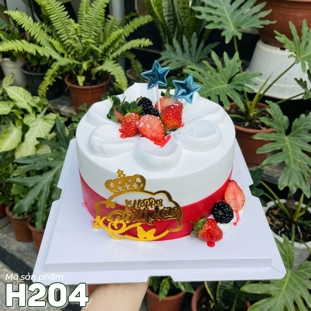 Bánh kem sinh nhật H204 trắng đỏ trang trí ngôi sao và dâu tây nổi bật