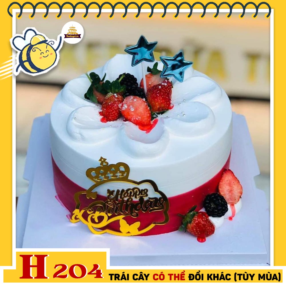 Bánh kem sinh nhật H204 trắng đỏ trang trí ngôi sao và dâu tây nổi bật