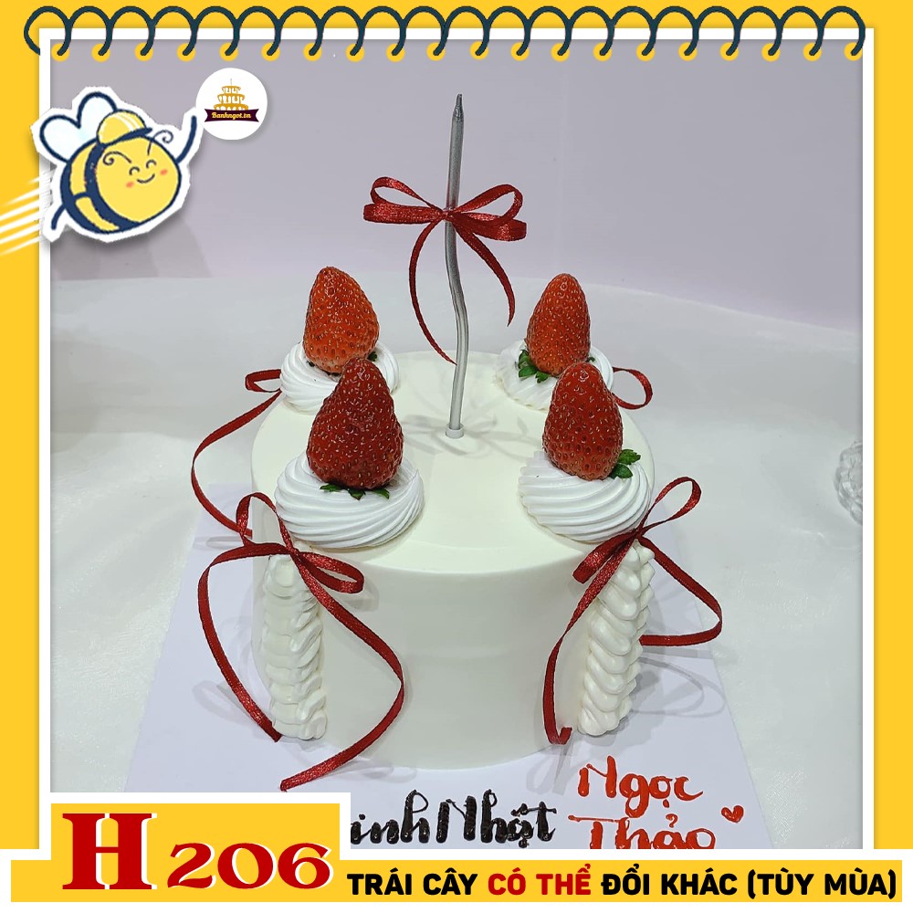 Bánh kem sinh nhật H206 trắng tinh khôi trang trí dâu tây và ruy băng đỏ