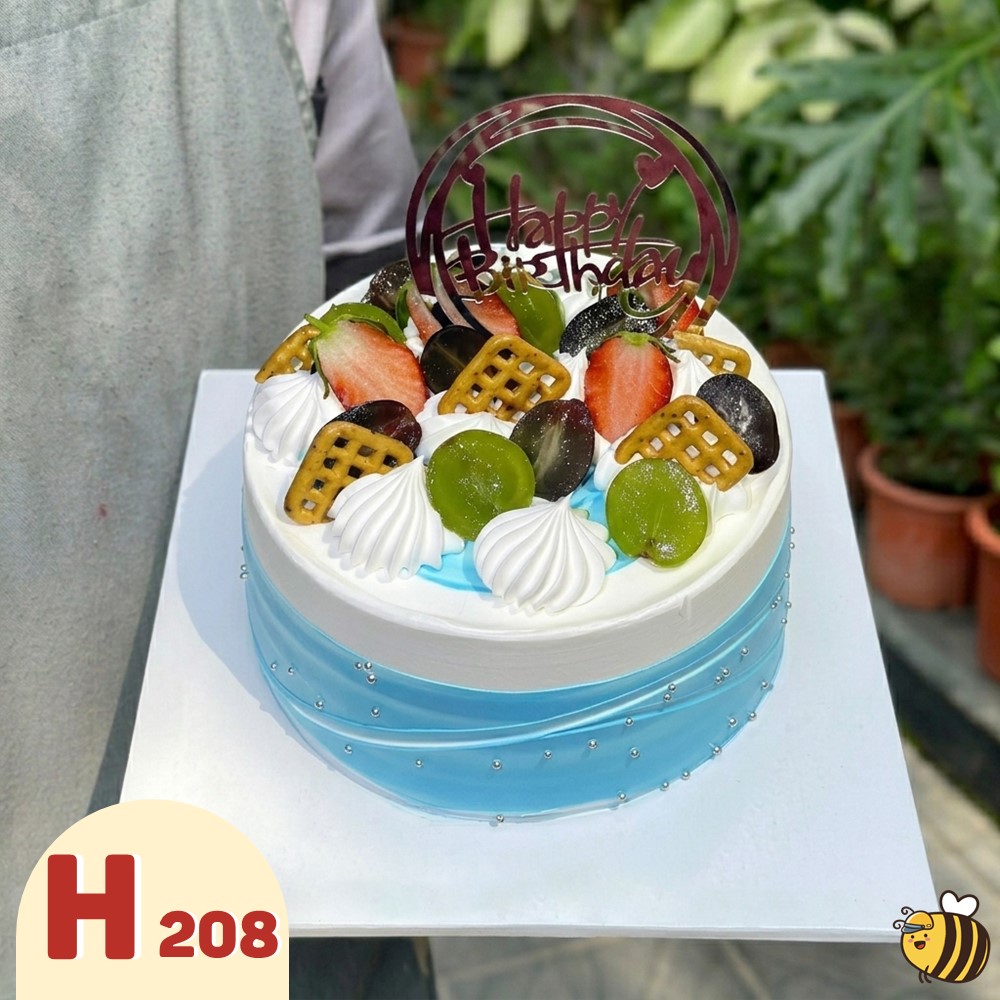 Bánh kem sinh nhật H208 tone xanh dương trang trí trái cây tươi độc đáo