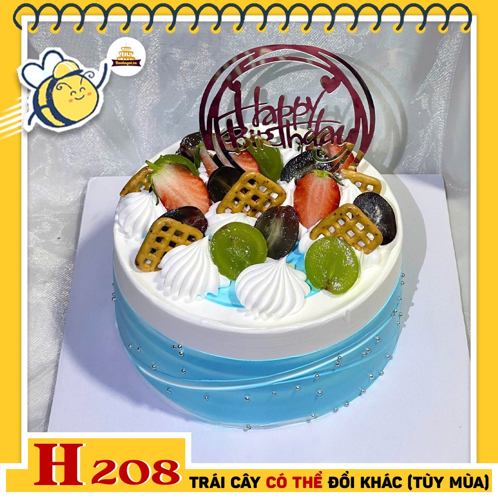 Bánh kem sinh nhật H208 tone xanh dương trang trí trái cây tươi độc đáo