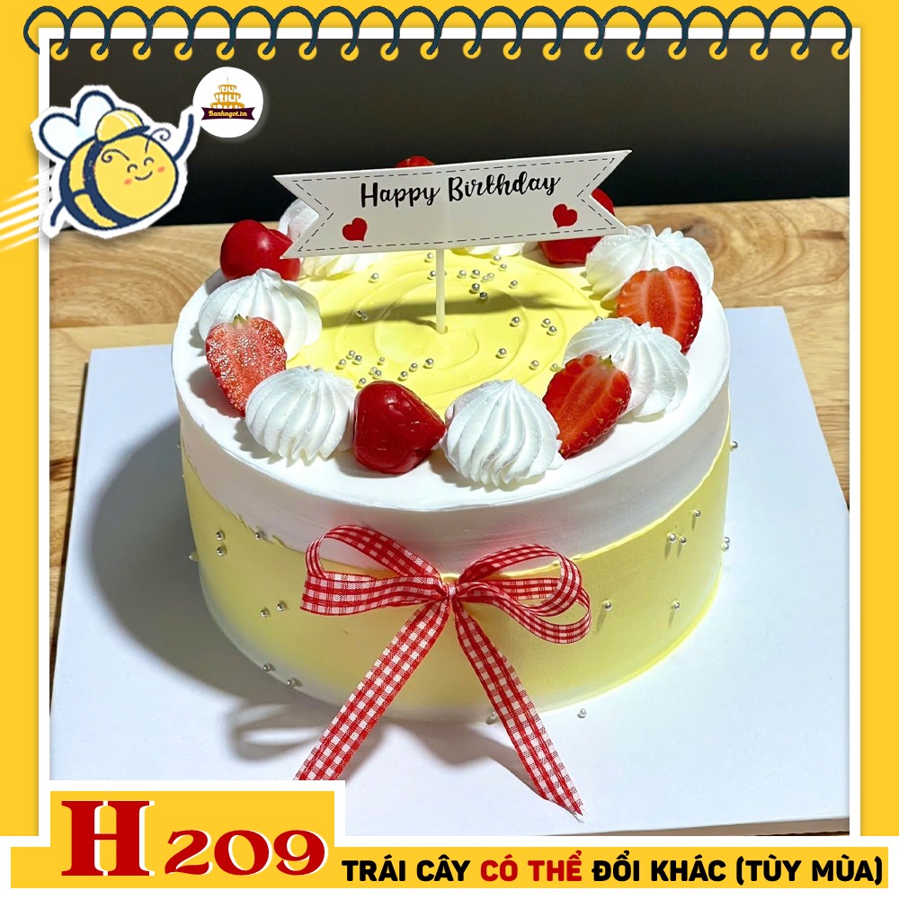 Bánh kem sinh nhật H209 màu vàng xinh xắn trang trí dâu tây và ruy băng