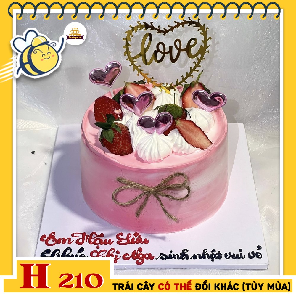 Bánh kem sinh nhật H210 hồng lãng mạn trang trí trái tim và dây thừng