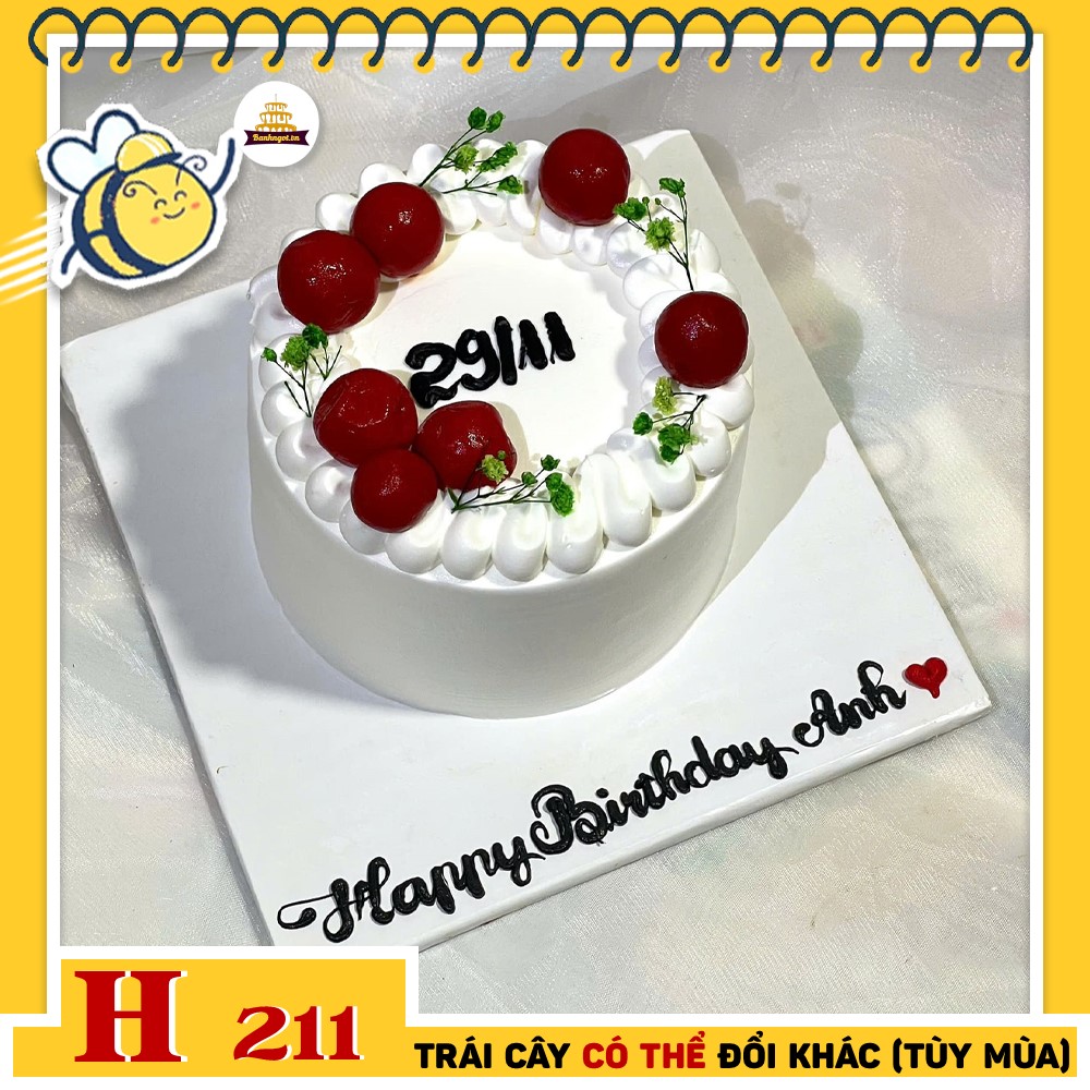 Bánh kem sinh nhật H211 đơn giản tinh tế trang trí trái cherry đỏ mọng