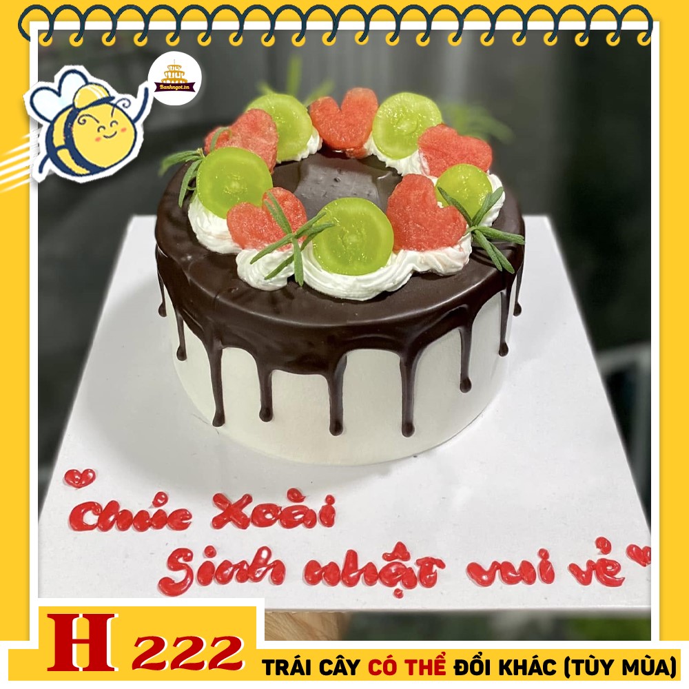 Bánh kem sinh nhật H222 socola chảy, kẹo dẻo và trái cây