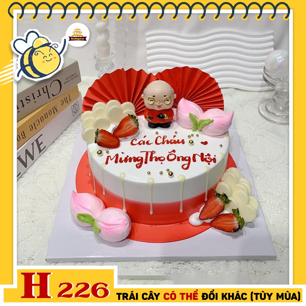 Bánh kem sinh nhật H226 mừng thọ ông nội, bố trang trí thọ đào, quạt đỏ