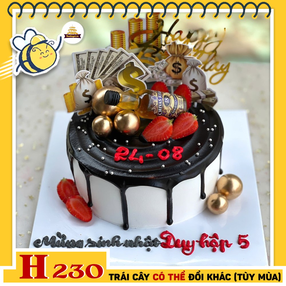 Bánh kem sinh nhật H230 tặng bạn trai, chồng trang trí rượu tiền đô