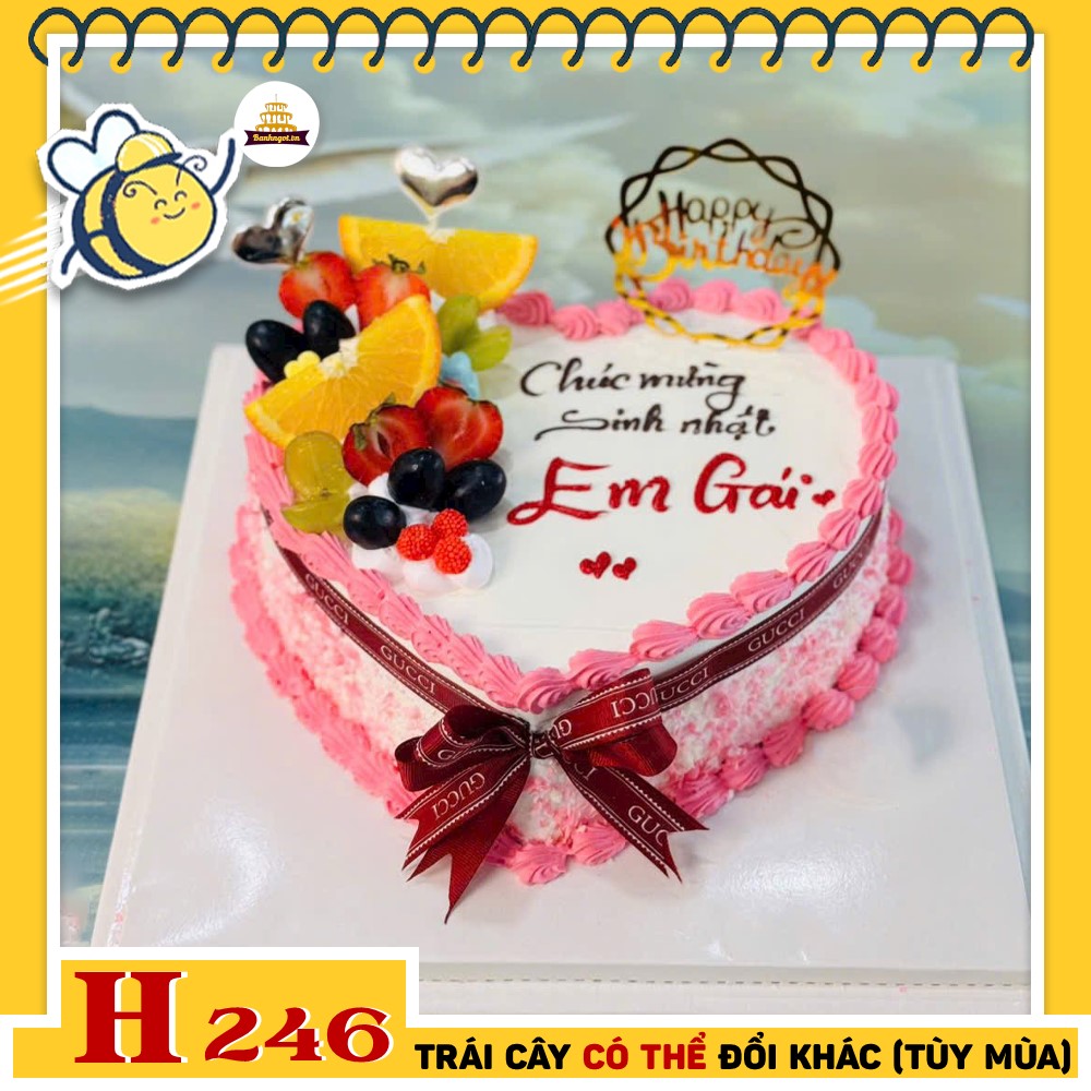 Bánh kem sinh nhật H246 trái tim hồng trắng trái cây xinh xắn