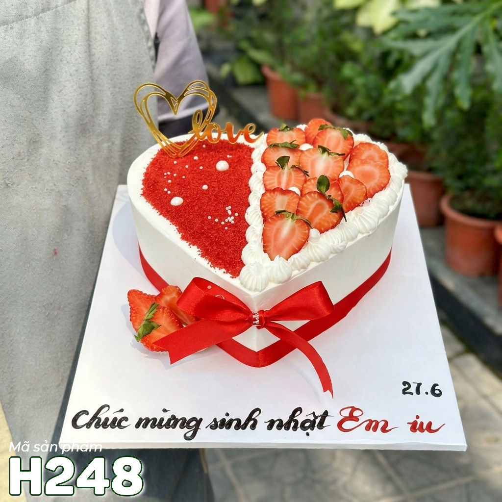 Bánh kem sinh nhật H248 trái tim nửa dâu tây nửa nhung đỏ