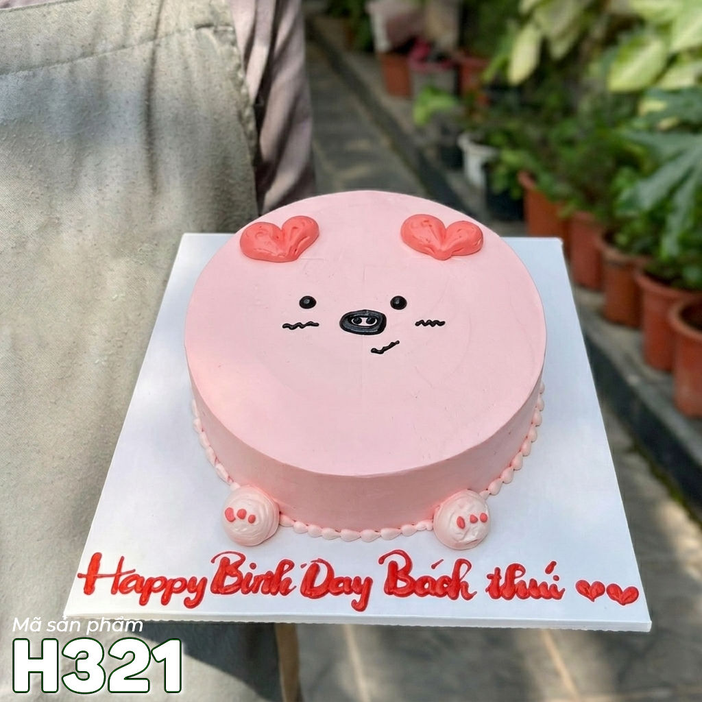 Bánh kem sinh nhật H321 trái tim màu hồng nhạt phụ kiện chân heo ngộ nghĩnh