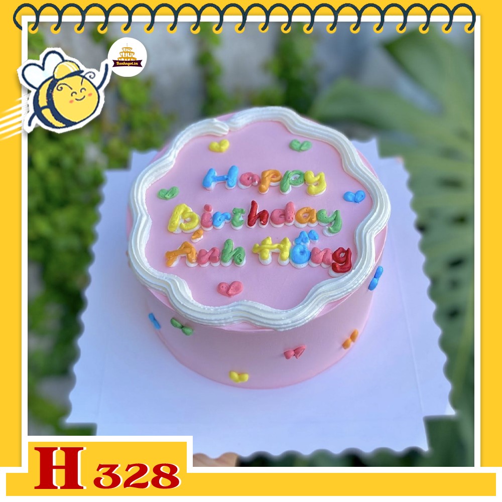 Bánh kem sinh nhật H328 tông hồng cam trang trí chữ nhiều màu