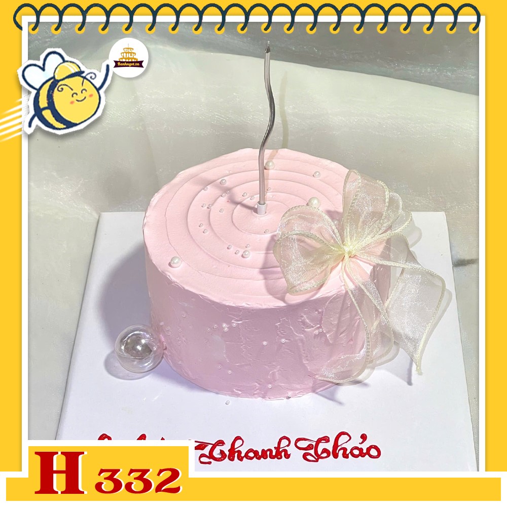 Bánh kem sinh nhật H332 màu hồng nhạt thắt nơ lưới sang trọng