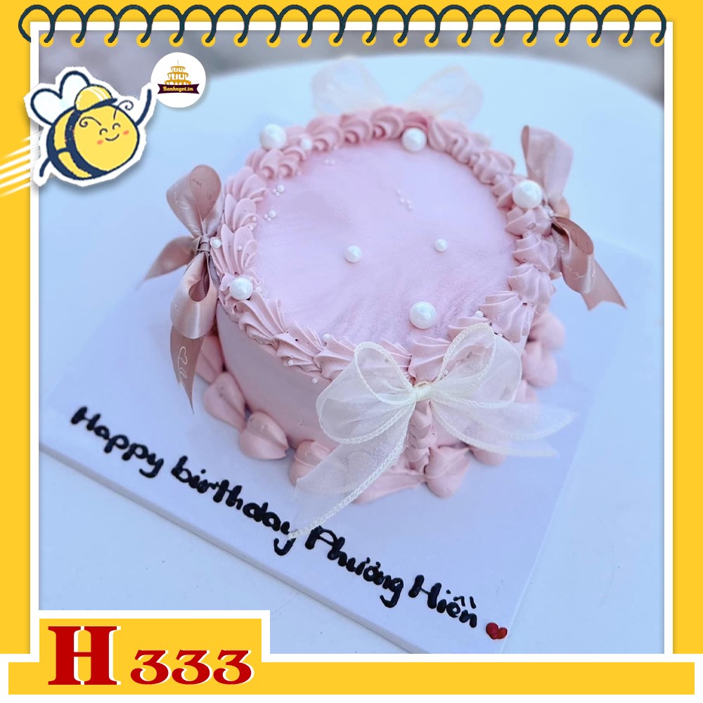 Bánh kem sinh nhật H333 màu hồng sữa tươi nơ trắng hồng