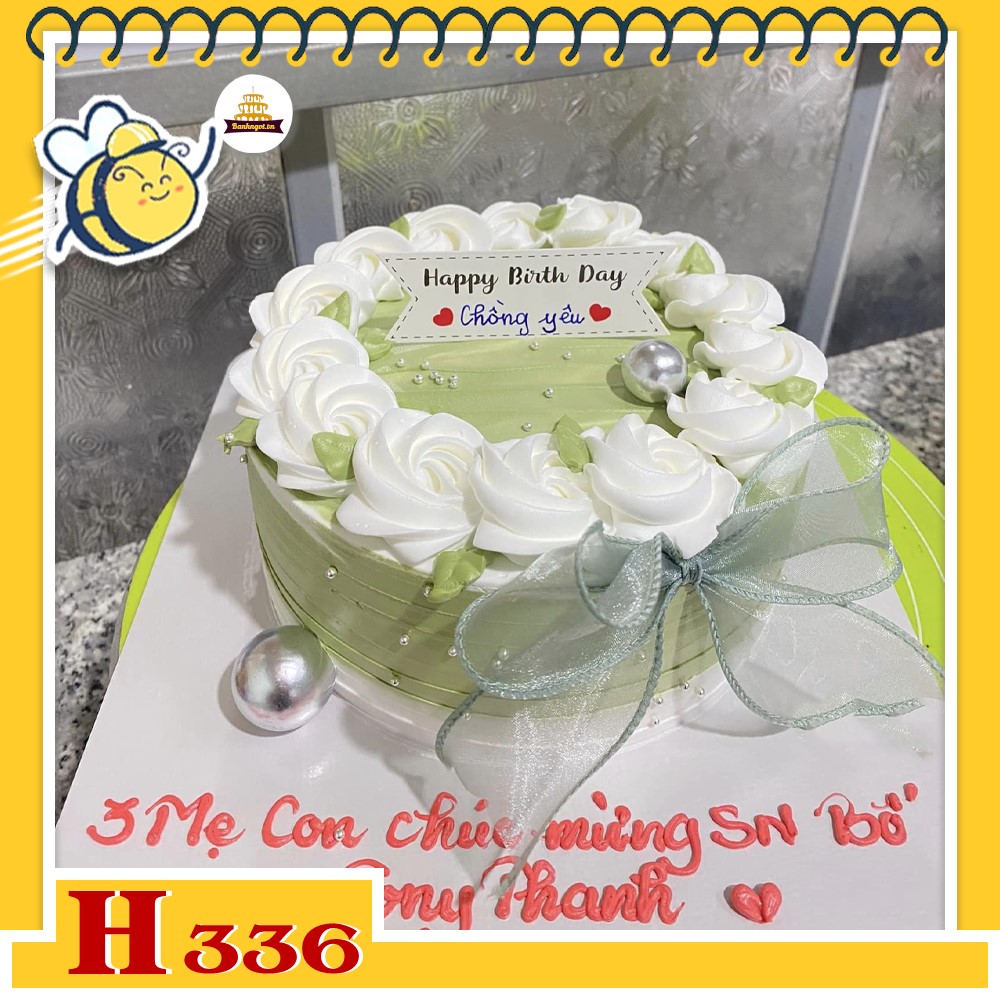 Bánh kem sinh nhật H336 tặng chồng màu xanh rêu hoa hồng trắng