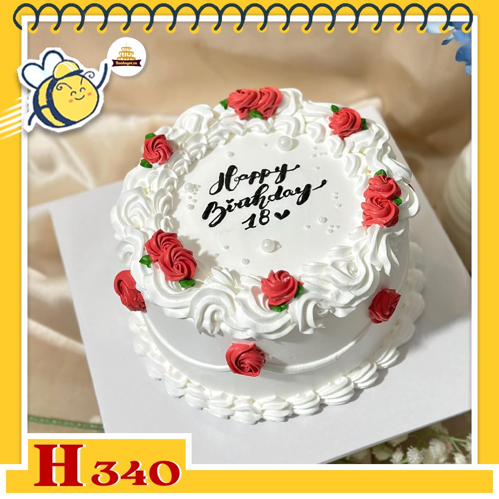 Bánh kem sinh nhật H340 màu trắng hoa hồng đỏ lãng mạn