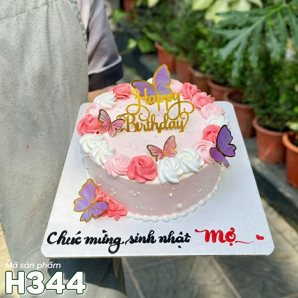 Bánh kem sinh nhật H344 hoa hồng phụ kiện bướm cánh tiên nhẹ nhàng