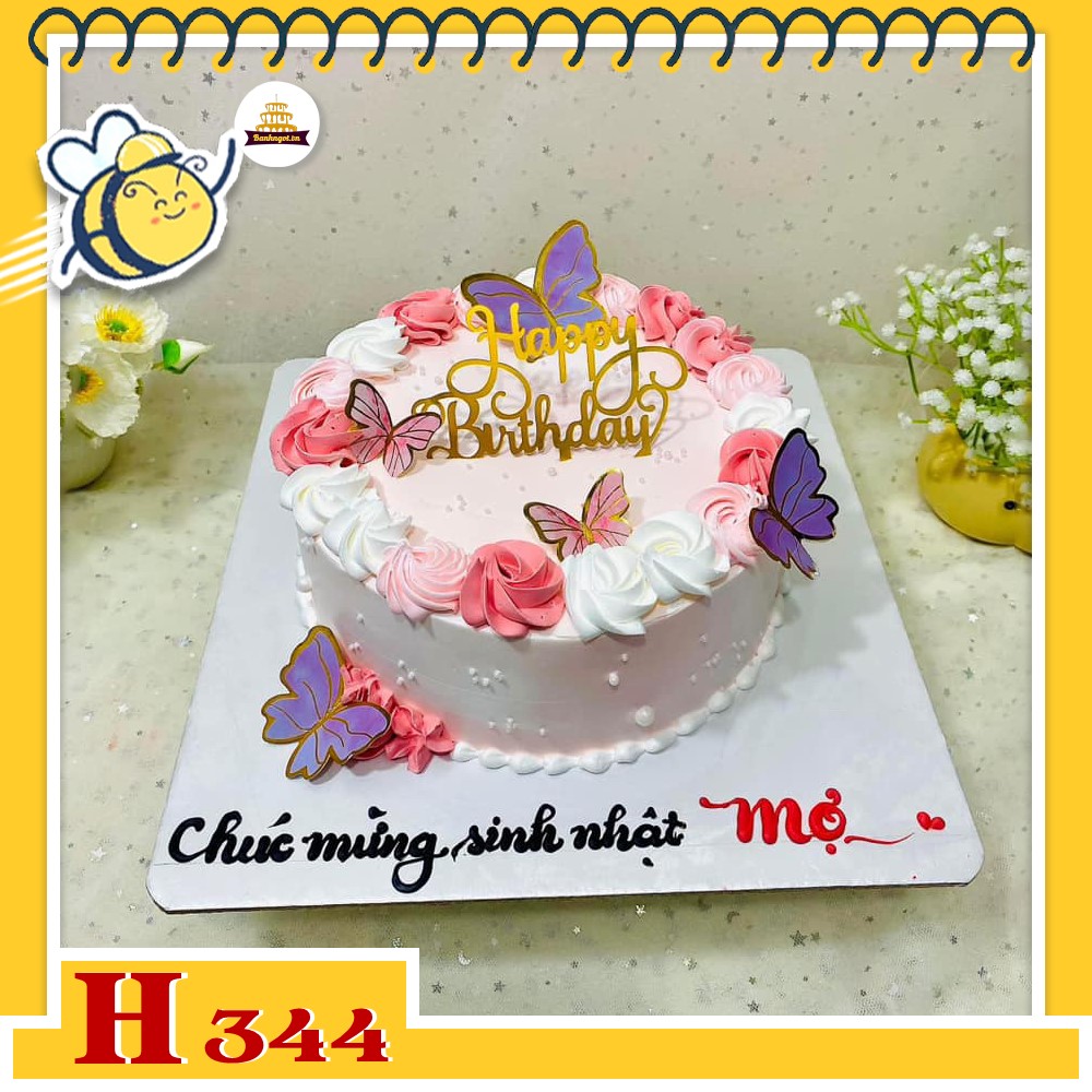 Bánh kem sinh nhật H344 hoa hồng phụ kiện bướm cánh tiên nhẹ nhàng