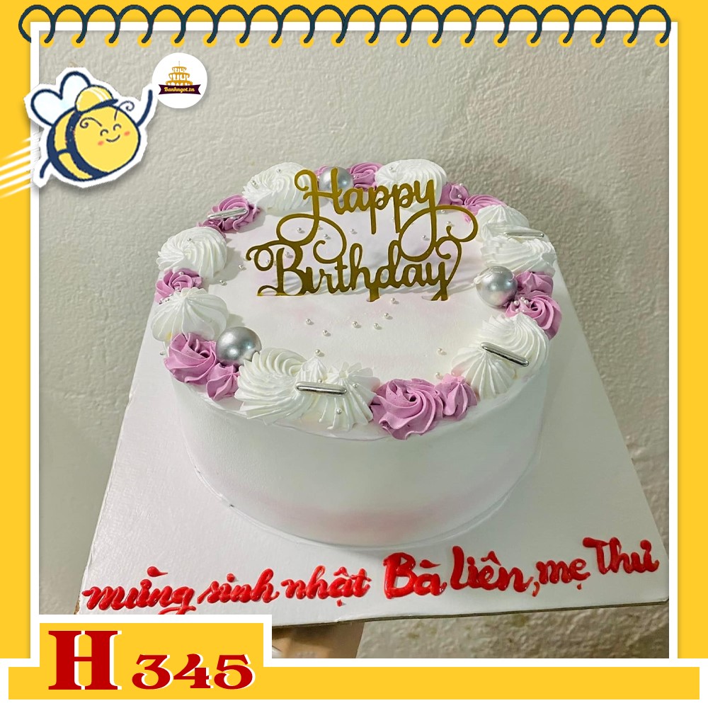 Bánh kem sinh nhật H345 hoa hồng trắng tím phụ kiện bạc xinh xắn