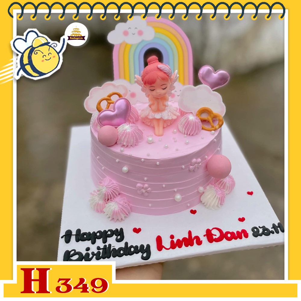 Bánh kem sinh nhật H349 nữ thần tình yêu nơ hồng phụ kiện cầu vồng