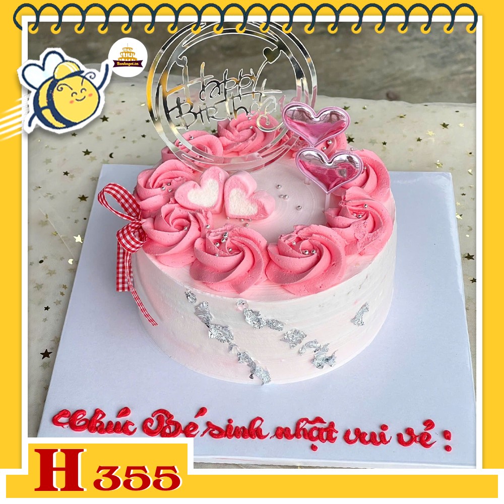 Bánh kem sinh nhật H355 Hồng xinh xắn trái tim kẹo dẻo tặng người yêu thương