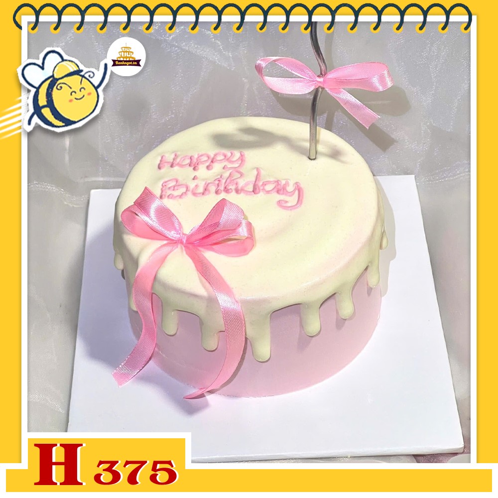Bánh kem sinh nhật H375 phong cách Hàn Quốc chảy kem hồng trắng và nơ xinh xắn