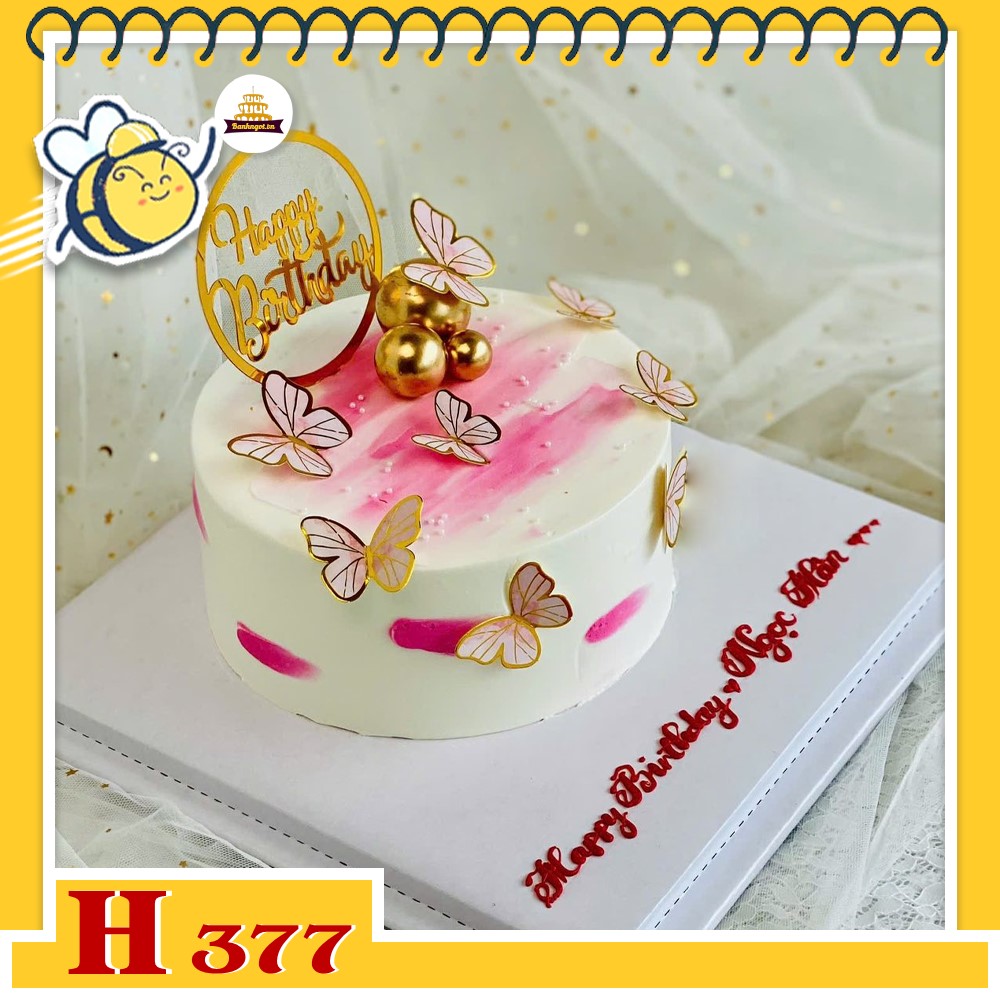 Bánh kem sinh nhật H377 bướm hồng sang chảnh kết hợp cầu vàng lấp lánh