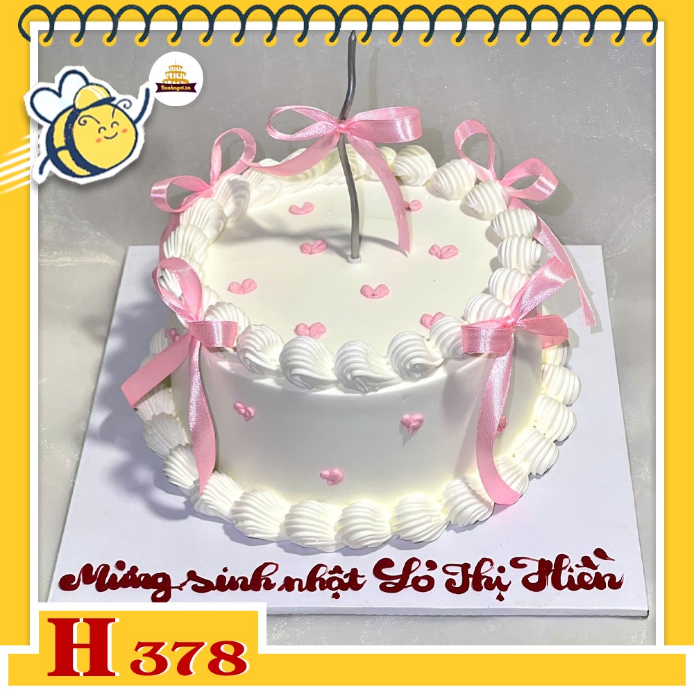 Bánh kem sinh nhật H378 phong cách công chúa phối ruy băng nơ hồng xinh xắn